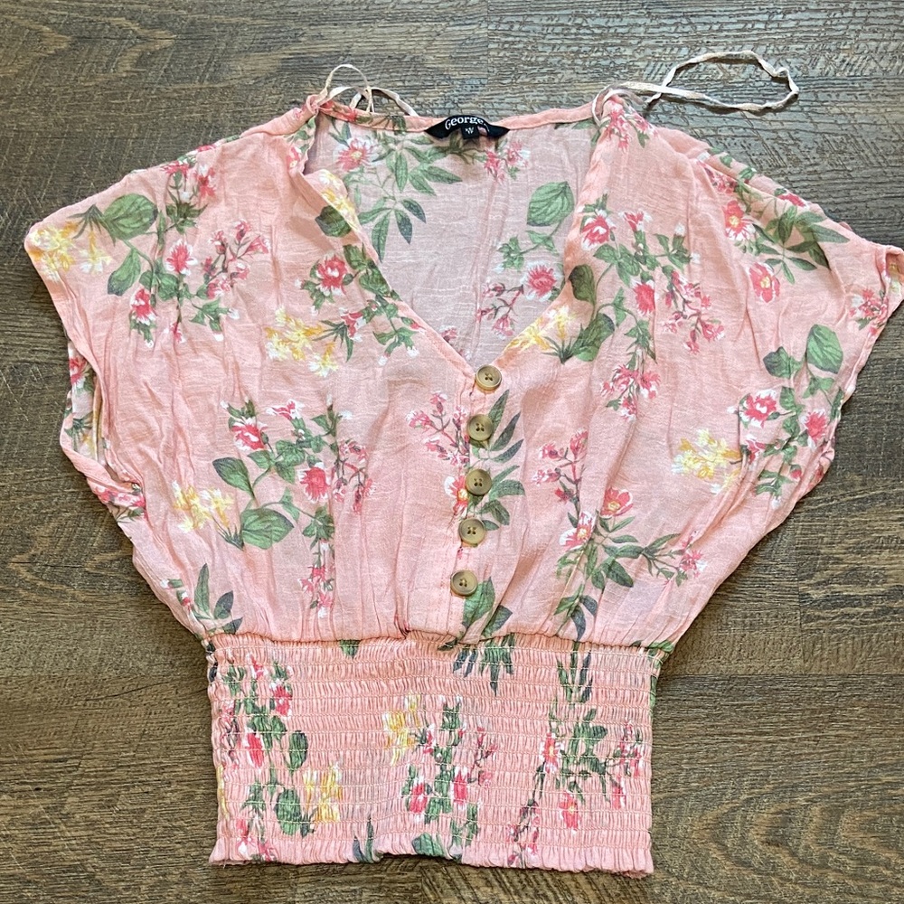 George Pink Floral Button-Front Smocked Waist Blouse